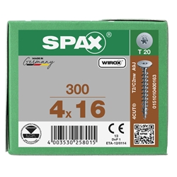 SPAX Universalschraube 4.0x16mm Rückwandkopf ohne Linse TX (T-STAR plus) T20 Vollgewinde 4CUT WIROX 300ST Nr. 0151010400163