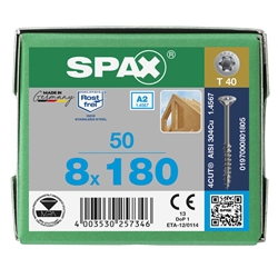 SPAX Schraube 8.0x180mm Edelstahl A2 Senkmultikopf TX (T-STAR plus) T40 Teilgewinde 4CUT 50 ST Nr. 0197000801805