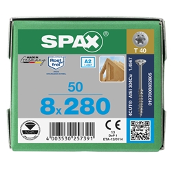 SPAX Schraube 8.0x280mm Edelstahl A2 Senkmultikopf TX (T-STAR plus) T40 Teilgewinde 4CUT 50 ST Nr. 0197000802805