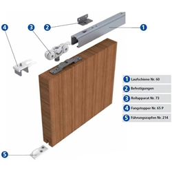 HELM Schiebetürbeschlag 73 blank, komplett bis 80 Kg TB: 910-1100mm, Schiene 2100mm mit Wandwinkel, Kugellagerung & Pendeleinlage Nr. 0073320